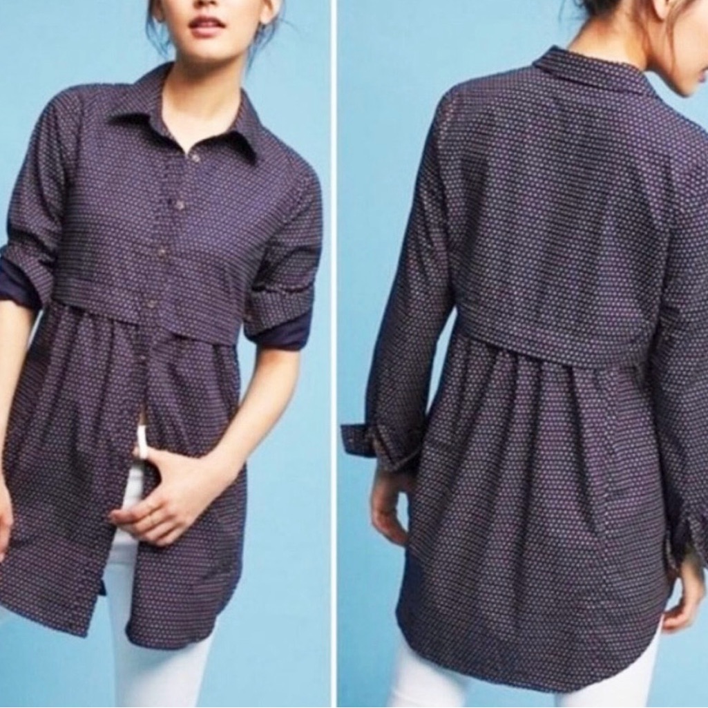 Maeve Anthropologie Aled Navy Button Down Empire Waist Blouse Tunic Size S